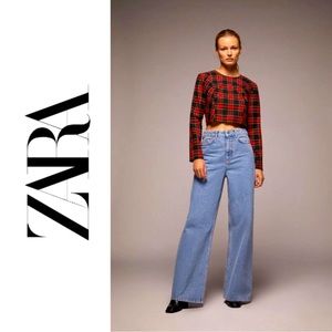 ZARA Red Black Long Sleeve Plaid Crop Top XS NWT